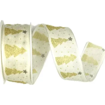 Stuha Stuha vánoční STROMEK zlatý 25mm x 2m (11,-Kč/m) (Stuha vánoční, bavlněná, jednostranný zlatý potisk, s vlascem v lemu)