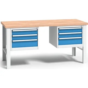Dílenský stůl Výškově nastavitelný pracovní stůl do dílny WL se 2 závěsnými boxy na nářadí, buková spárovka, 6 zásuvek, 2000 x 685 x 840 - 1050 mm