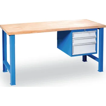 Dílenský stůl Dílenský pracovní stůl GD se závěsným boxem na nářadí, buková spárovka, 3 zásuvky, 1200 x 685 x 850 mm, modrá