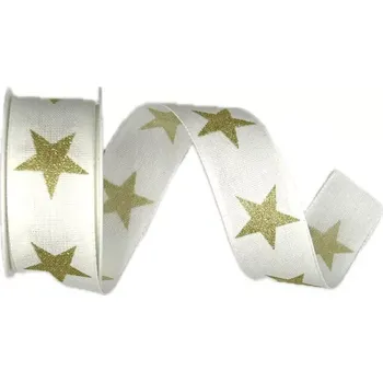 Stuha Stuha vánoční ADVENT STAR bílá 25mm x 2m (12,-Kč/m) (Vánoční stuha bavlněná, bílá, zlatý potisk, s vlascem v obou okrajích)