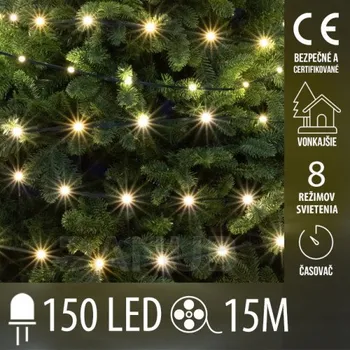 Reklamní LED panel Vánoční led světelný řetěz vnější - DOT LED - 150 led - 15m - programy, časovač - teplá bílá