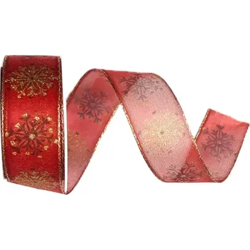 Stuha Vánoční stuha organzová GOLD SNOWFLAKES RED 25mm x 2mm (11,-Kč/m) (Vánoční stuha organzová, zlatý potisk, s drátkem)