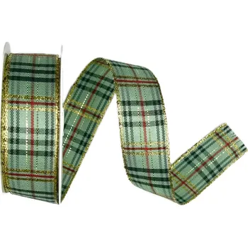 Stuha Vánoční stuha CHRISTMAS KARO AQUAMARINE 25mm x 3m (11,-Kč/m) (Vánoční stuha taftová, kostkovaná, oboustranná, oboustranný zlatý potisk)