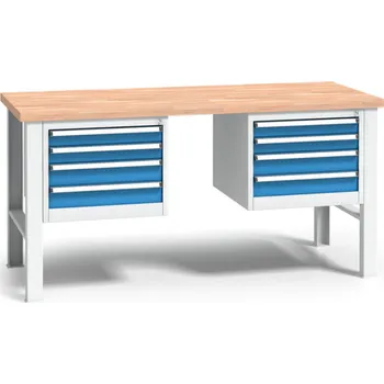 Dílenský stůl Výškově nastavitelný pracovní stůl do dílny WL se 2 závěsnými boxy na nářadí, buková spárovka, 8 zásuvek, 2000 x 685 x 840 - 1050 mm