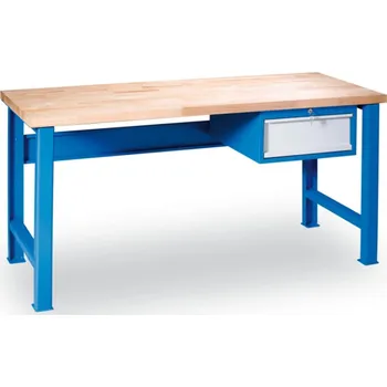 Dílenský stůl Dílenský pracovní stůl GD se závěsným boxem na nářadí, buková spárovka, 1 zásuvka, 1700 x 800 x 850 mm, modrá