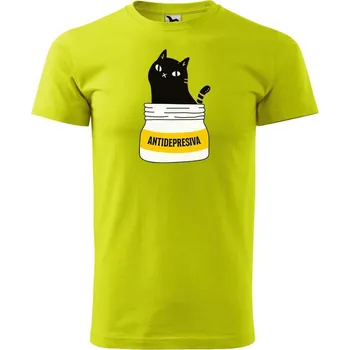Pánské oblečení DOBRÝ TRIKO Pánské tričko s potiskem s kočkou ANTIDEPRESIVA Velikost: XL, Barva: Limetková