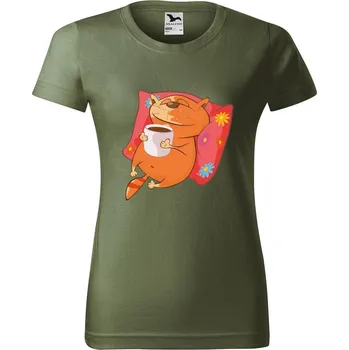 Dámské tričko DOBRÝ TRIKO Dámské tričko s potiskem Kočka se šálkem Barva: Khaki, Velikost: XL