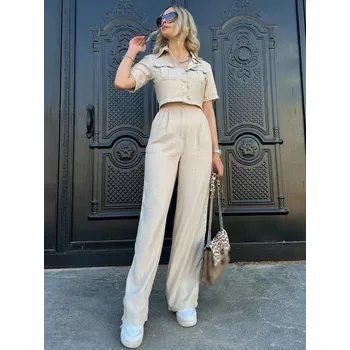 Dvoudílný dámský set crop košile a vysoké kalhoty Barva: Khaki, Velikost: L