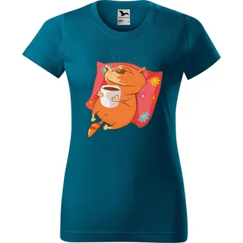 DOBRÝ TRIKO Dámské tričko s potiskem Kočka se šálkem Barva: Petrolejová, Velikost: M