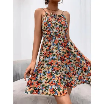 Dámské šaty Letní květinové šaty na ramínka Barva: Oranžová, Velikost: S