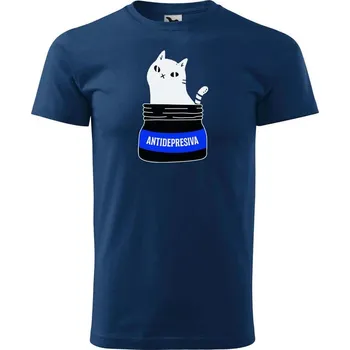 Pánské tričko DOBRÝ TRIKO Pánské tričko s potiskem s kočkou ANTIDEPRESIVA Velikost: 4XL, Barva: Půlnoční modrá
