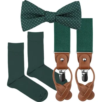 Kravata Bubibubi Tmavozelená puntíkovaná sada s motýlkem a kšandami velikost ponožek 39-42