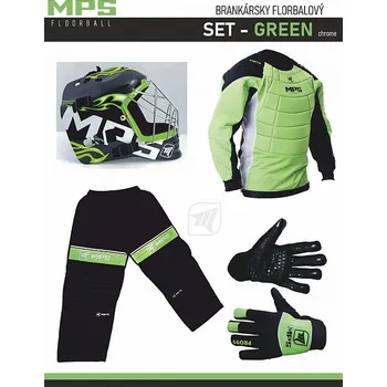 Florbalový dres MPS Green brankářský set + maska Pro Flame - Green/Chrome + Florbalové rukavice MPS vel. S
