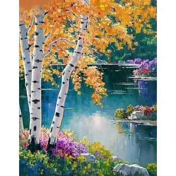 Diamantové malování Diamantové malování/Huacan - Podzimní břízky u rybníka