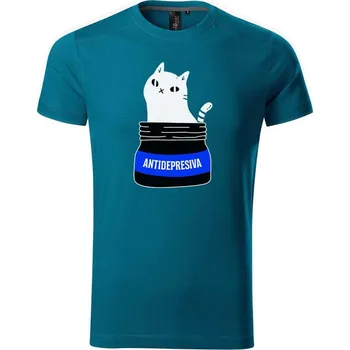Pánské tričko DOBRÝ TRIKO Pánské tričko s kočkou ANTIDEPRESIVA Velikost: M, Barva: Petrolejová