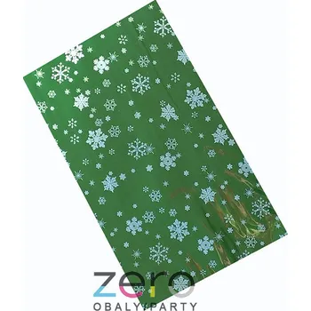 Dárková taška Sáček PP 20x35 cm - VÁNOCE (vánice) - transp. se zeleným pozadím a tiskem vloček