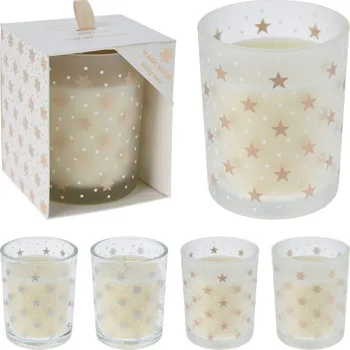 Svíčka Svíčka ve skle 80x100mm vonná v dárkové krabičce vločky, hvězdy mix, čirá,stříbrná, zlatá 493 gram 519 gram