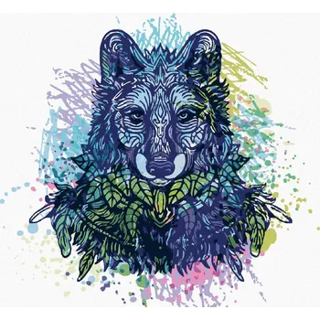 Malování podle čísel Barevný vlk na bílém pozadí, 40x50 cm, bez rámu a bez vypnutí plátna