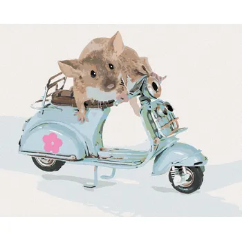 Malování podle čísel Myška řídí skútr, 40x50 cm, bez rámu a bez vypnutí plátna