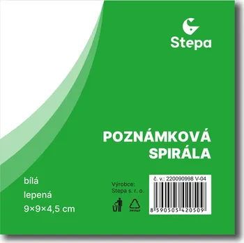 Samolepící bloček Poznámkový blok Stepa, spirála bílá, lepená, 9 x 9 x 4,5 cm