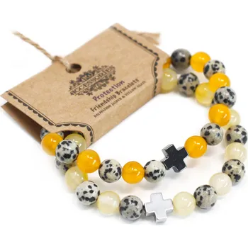 Drahý kámen Ancient Wisdom Náramek přátelství s drahými kameny Dalmatský Jaspis & Žlutý Achát Ochrana (set 2 ks)