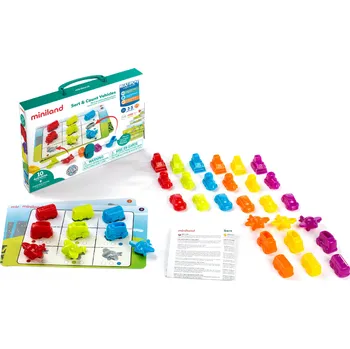 Dřevěná hračka Miniland Logická třídící a počítací hra s dopravními prostředky, 36 kusů a 10 předloh