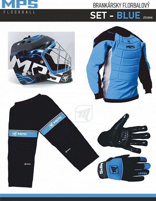MPS Blue brankářský set + maska Pro Flame - Blue/Chrome + Florbalové rukavice MPS vel. XS