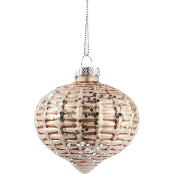 Vánoční ozdoba Vánoční skleněná ozdoba pletená s flitry champagne 1ks, 8 cm - Koule se špičkou
