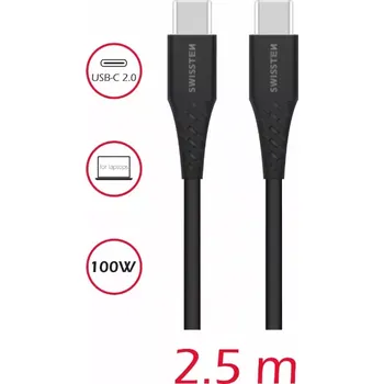 Datový kabel Datový kabel Swissten USB-C / USB-C 100W PD 2,5 m Černý (Swissten Datový Kabel USB-C/USB-C 5A (100W) Power Delivery, 2,5 m Černý, Rychlý Přenos Dat a Nabíjení)