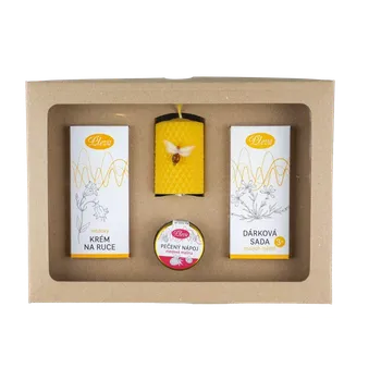 Kosmetická sada Pleva Vůně včelích pokladů - Medový krém na ruce 50 g, Svíčka ze včelího vosku výška 6,7 cm a průměr 4 cm, Ozdobný špendlík Včela 1 ks, Mýdla s včelími produkty 3 x 20 g, Pečený čaj medová malina 60 ml, dárková sada