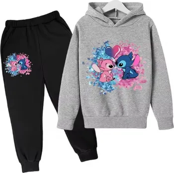 Dívčí tepláková souprava s potiskem Lilo & Stitch (černé tepláky + barevné mikiny) Barva: černé kalhoty + šedá mikina, Velikost: 110/5 let