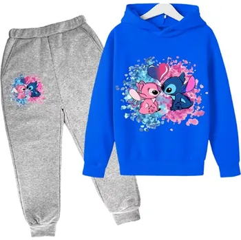 Dívčí tepláková souprava s potiskem Lilo & Stitch (šedé tepláky + barevné mikiny) Barva: šedé kalhoty + modrá mikina, Velikost: 110/5 let