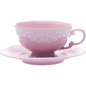 Šálek nízký s podšálkem, 0,2 l, růžový porcelán, Sonáta, bílá krajka, Leander