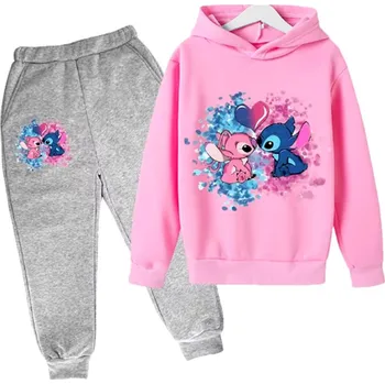 Dívčí tepláková souprava s potiskem Lilo & Stitch (šedé tepláky + barevné mikiny) Barva: šedé kalhoty + růžová mikina, Velikost: 160/13-14 let