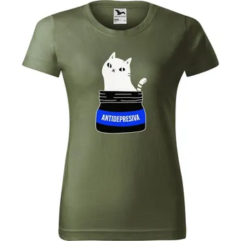 Dámské oblečení DOBRÝ TRIKO Dámské tričko s potiskem s kočkou ANTIDEPRESIVA Barva: Khaki, Velikost: S