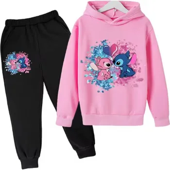 Dívčí tepláková souprava s potiskem Lilo & Stitch (černé tepláky + barevné mikiny) Barva: černé kalhoty + růžová mikina, Velikost: 110/5 let