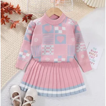 Dívčí sukně Dívčí podzimní úpletový set - svetřík + skládaná sukně Barva: růžová (AM2595I), Velikost: 110/4 roky