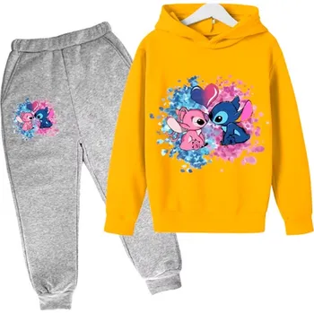 Dívčí tepláková souprava s potiskem Lilo & Stitch (šedé tepláky + barevné mikiny) Barva: šedé kalhoty + žlutá mikina, Velikost: 120/6 let