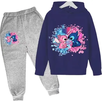 Dívčí tepláková souprava s potiskem Lilo & Stitch (šedé tepláky + barevné mikiny) Barva: šedé kalhoty + tm. modrá mikina, Velikost: 120/6 let