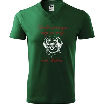 Pánské tričko DOBRÝ TRIKO Pánské V tričko s potiskem Tvrdě pracuju pes Velikost: L, Barva: Lahvově zelená