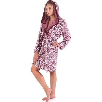 Dámský župan Dámský 3/4 župan s kapucí FLORA vínová/bílá - XL