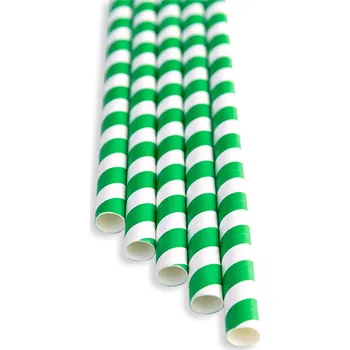 Jednorázové nádobí TOMGAST Brčka papírové 25 cm, zelené pásky, bal. 100ks