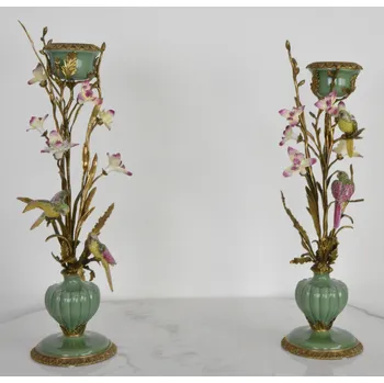 Svícen Zámecké svícny s ptáčky a květinami-porcelán+bronz