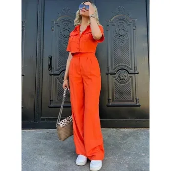 Dvoudílný dámský set crop košile a vysoké kalhoty Barva: Oranžová, Velikost: L