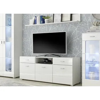 Televizní stolek TV skříňka s nástěnnou policí Enrique, bílá lesk