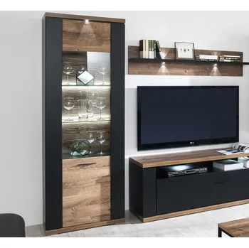 Obývací stěna Vysoká vitrína Boston, černá/dub ribbeck, s osvětlením, levá