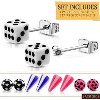 Náušnice Náušnice s kostkami a barevnými nástavci - set s 1 párem šroubových náušnic a 5 páry různých kuliček a špiček