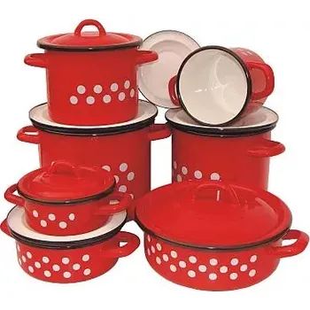 Hrnec Sedmidílná souprava s poklicemi smaltovaná Retro červená s bílími puntíky malá (červeně smaltovaná souprava nádobí s bílými puntíky sedmidílná malá v retro designu)