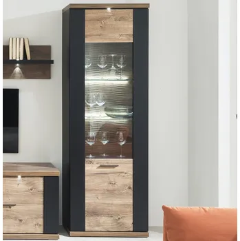 Obývací stěna Vysoká vitrína Boston, černá/dub ribbeck, s osvětlením, pravá