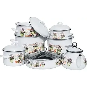 Hrnec Sedmidílná souprava nádobí levandule s čajníkem a pánví 26 cm (sada bílého nádobí s pánví se skleněnou poklicí s nepřilnavým povrchem a čajníkem levandule)